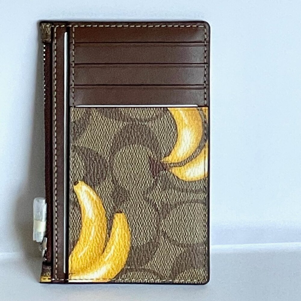 Coach Zip Card Case CR410 Signature Canvas Banana Print Leather Brown Wallet - Picture 7 of 7